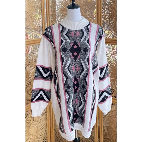 Vintage Private Eyes Adele Knit Chunky Mock Neck Long Sweater Aztec Geometric - Picture 7 of 7